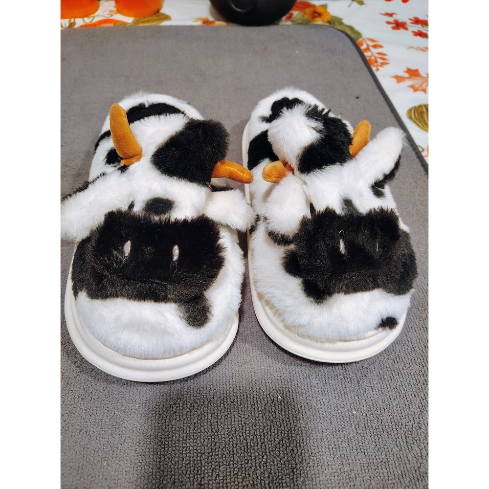 Plush Cow Print Animal Slippers Black White Faux Fur House Shoes EU 38-39